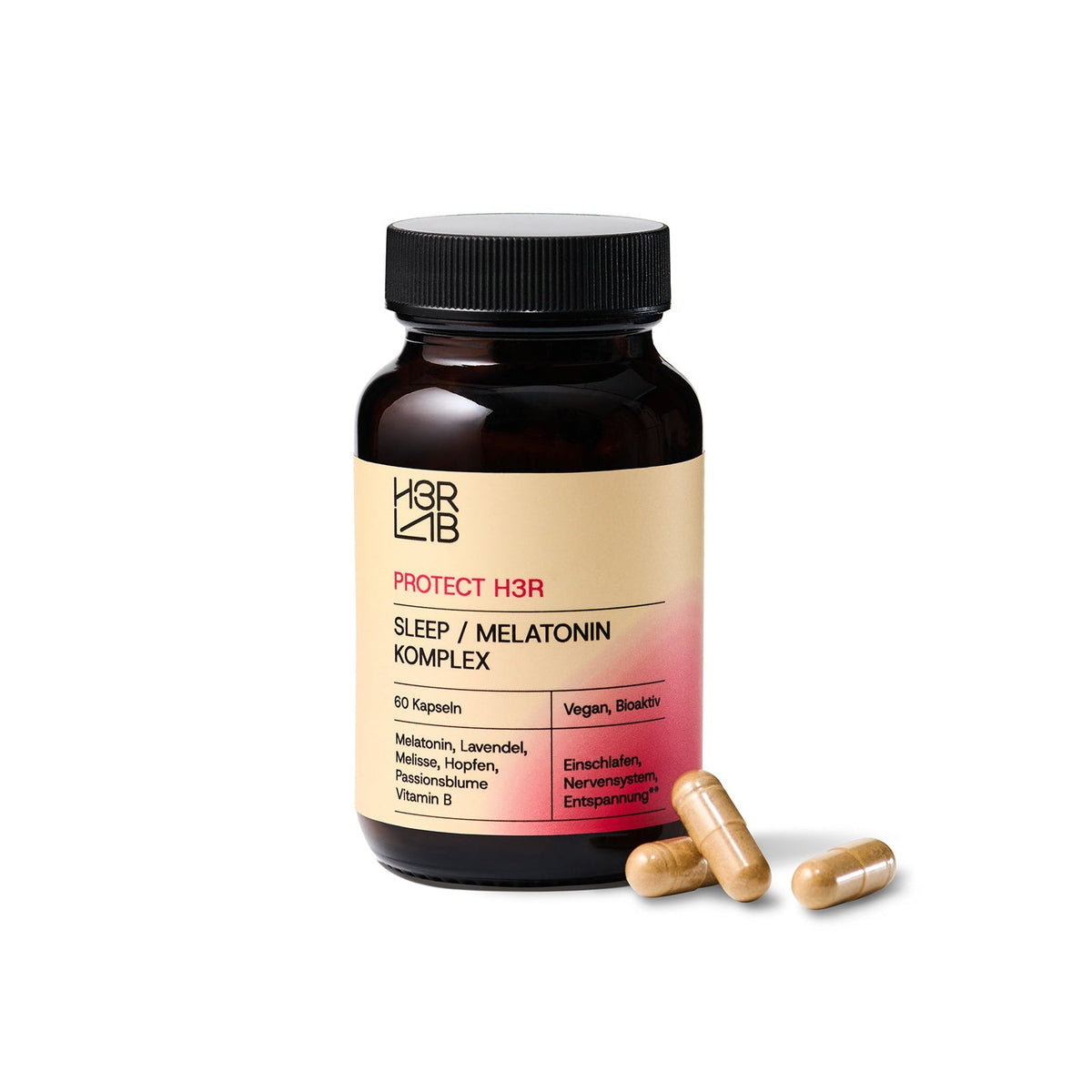 H3R LAB Sleep/Melatonin Komplex 1mg, Kapseln für besseren Schlaf, Nahaufnahme der Verpackung und Kapseln