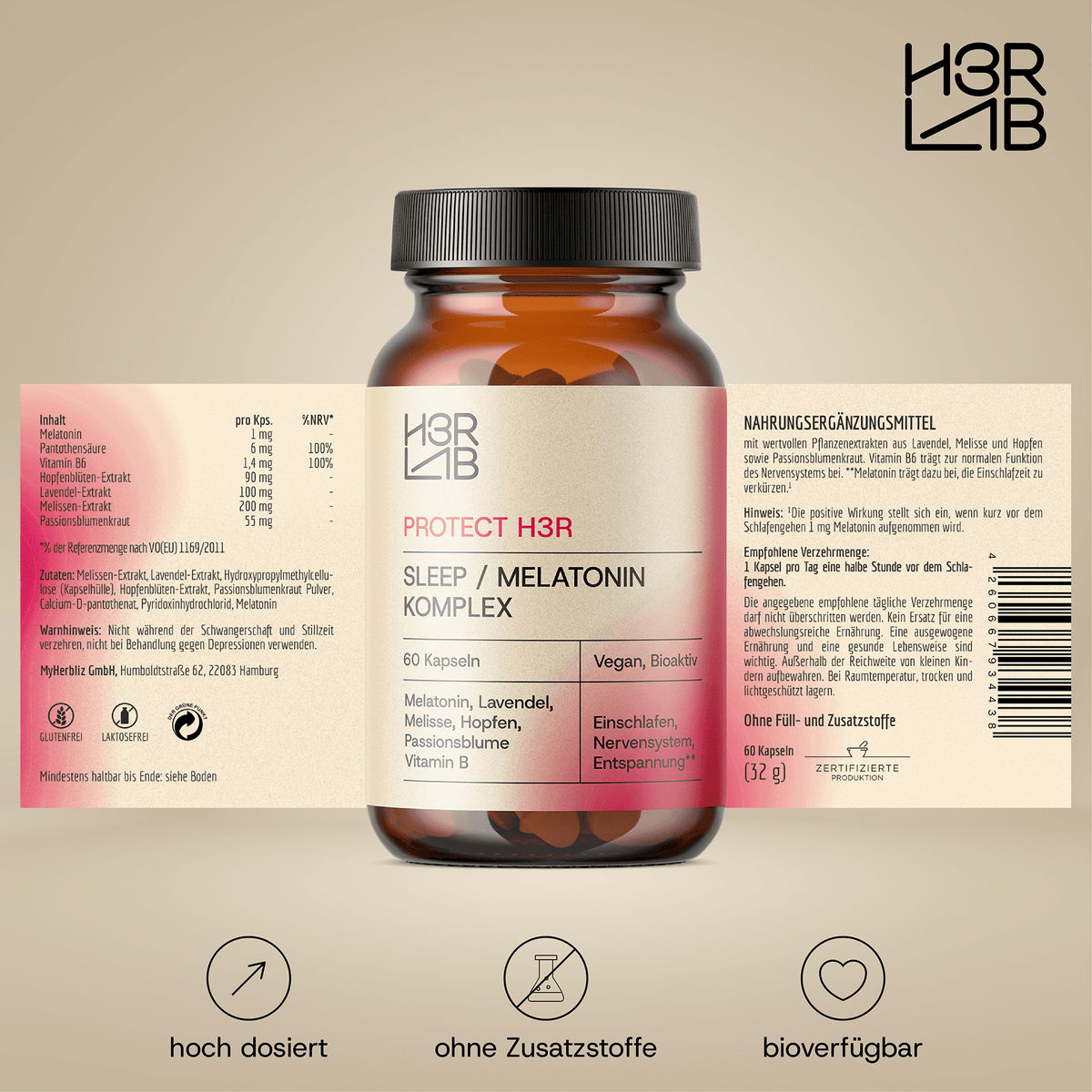 H3R LAB Sleep/Melatonin Komplex 1mg, Kapseln, Nahaufnahme der Verpackung und Produktbeschreibung