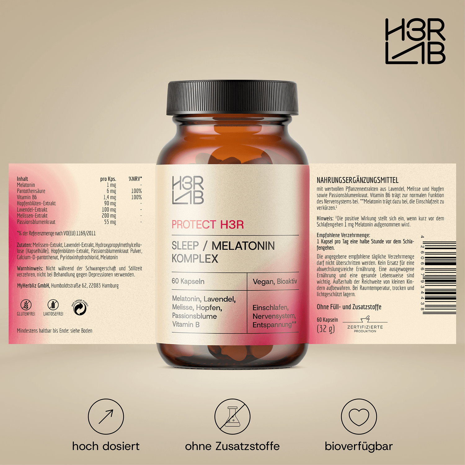 H3R LAB Sleep/Melatonin Komplex 1mg, Kapseln für besseren Schlaf, close-up der Verpackung und Kapseln