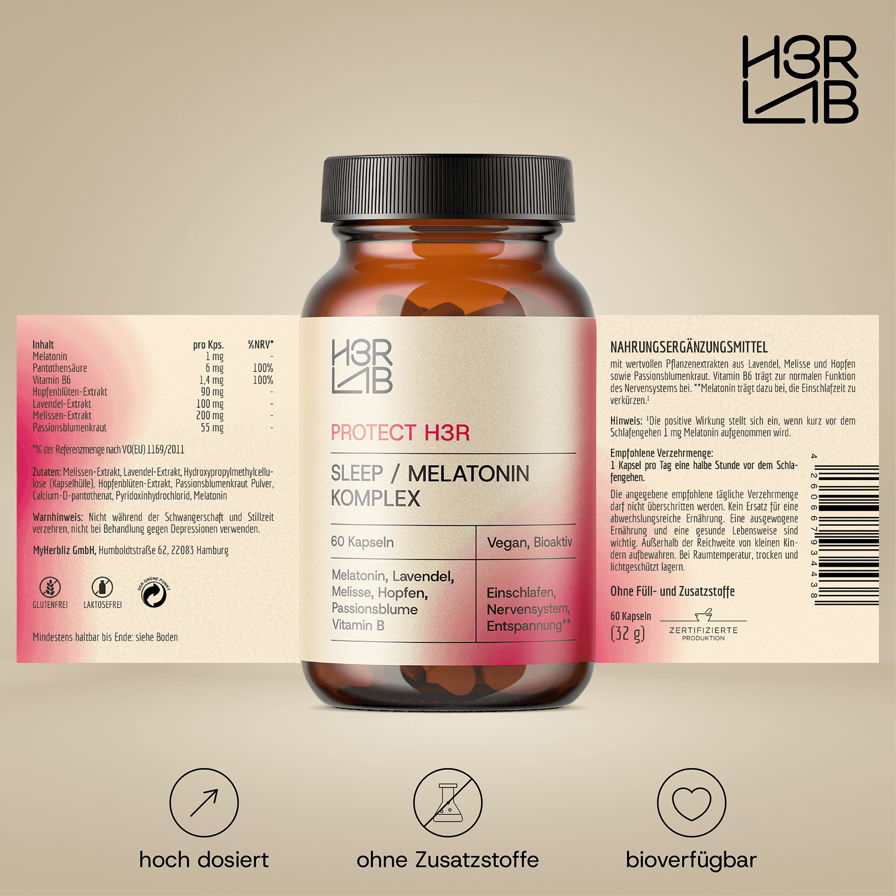 H3R LAB Sleep/Melatonin Komplex 1mg, Kapseln, Nahaufnahme der Verpackung und Produktbeschreibung