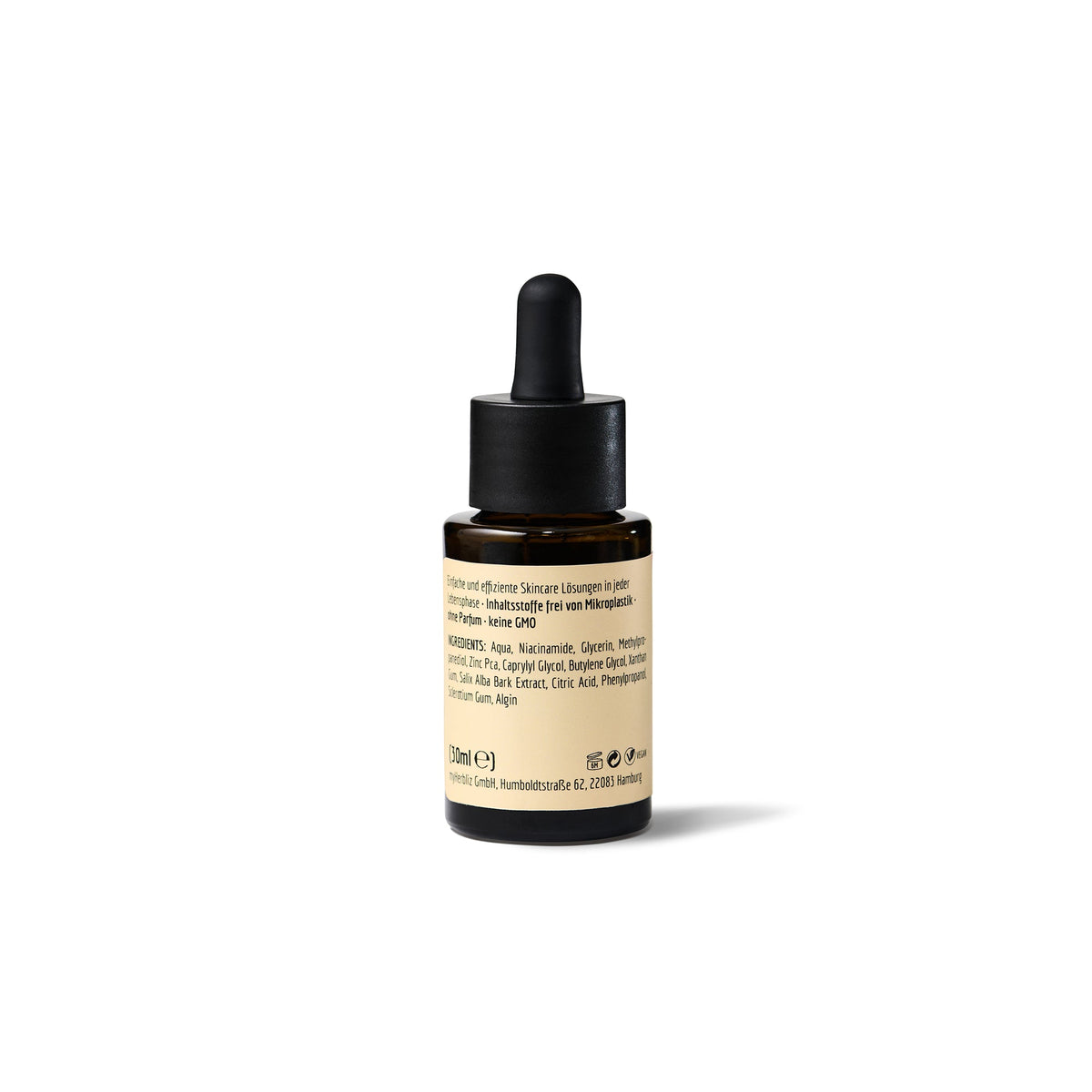 H3R LAB The Clarity Serum mit Niacinamid in einer 30ml Flasche, Nahaufnahme des Produkts auf weißem Hintergrund