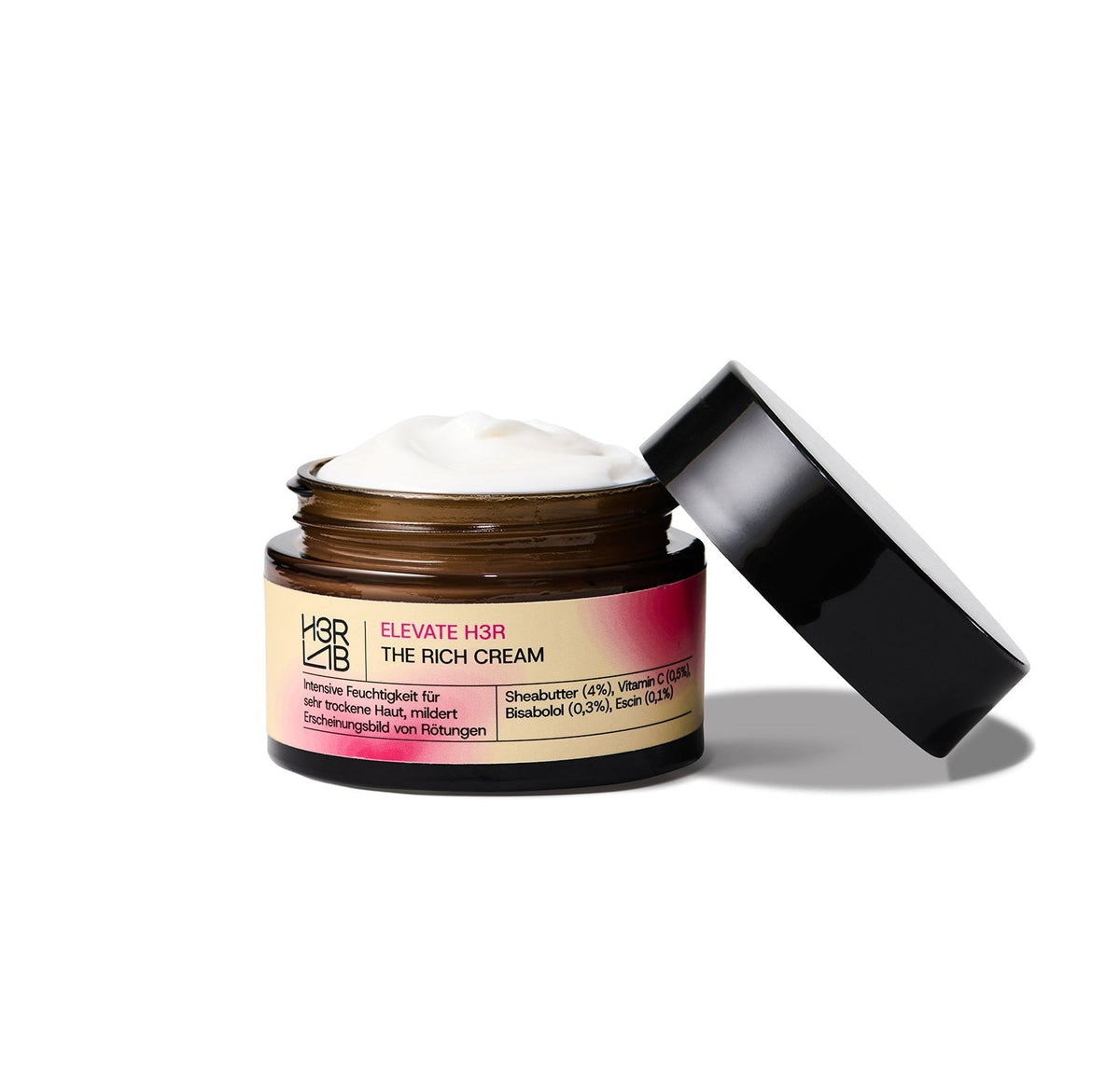 H3R LAB The Rich Cream mit Sheabutter in 50ml Glasbehälter, cremige Textur für intensive Hautpflege.