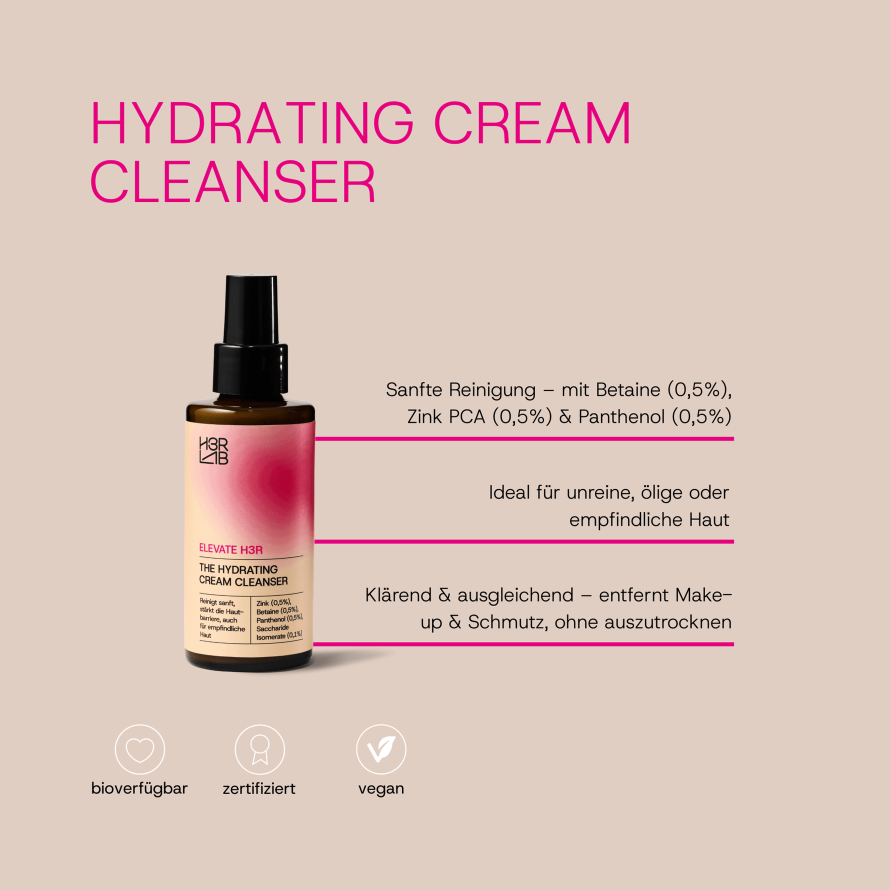 Hydrating Cream Cleanser mit Zink von H3R LAB, 100ml, zeigt die cremige Textur und das elegante Design der Verpackung.