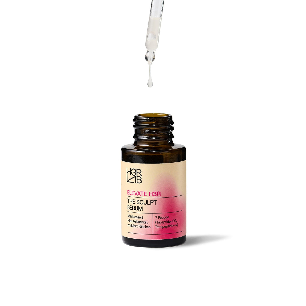H3R LAB The Sculpt Serum mit 7 Peptiden in einer Flasche, für Hautstraffung und -pflege, auf einem weißen Hintergrund.