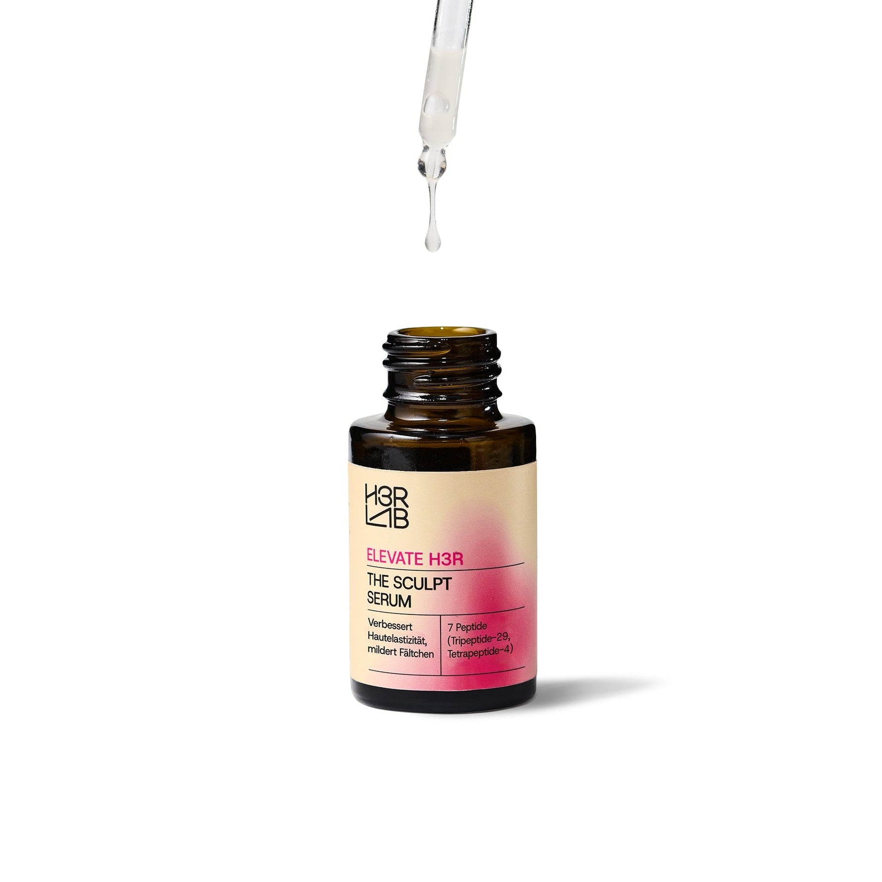 H3R LAB The Sculpt Serum mit 7 Peptiden in einer Flasche, für Hautstraffung und -pflege, auf einem weißen Hintergrund.