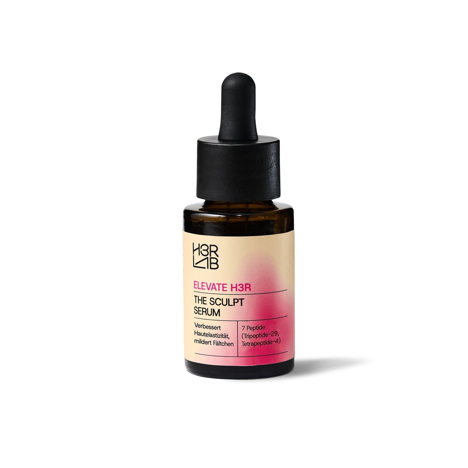 H3R LAB The Sculpt Serum mit 7 Peptiden in einer weißen Flasche, Nahaufnahme des Produkts.