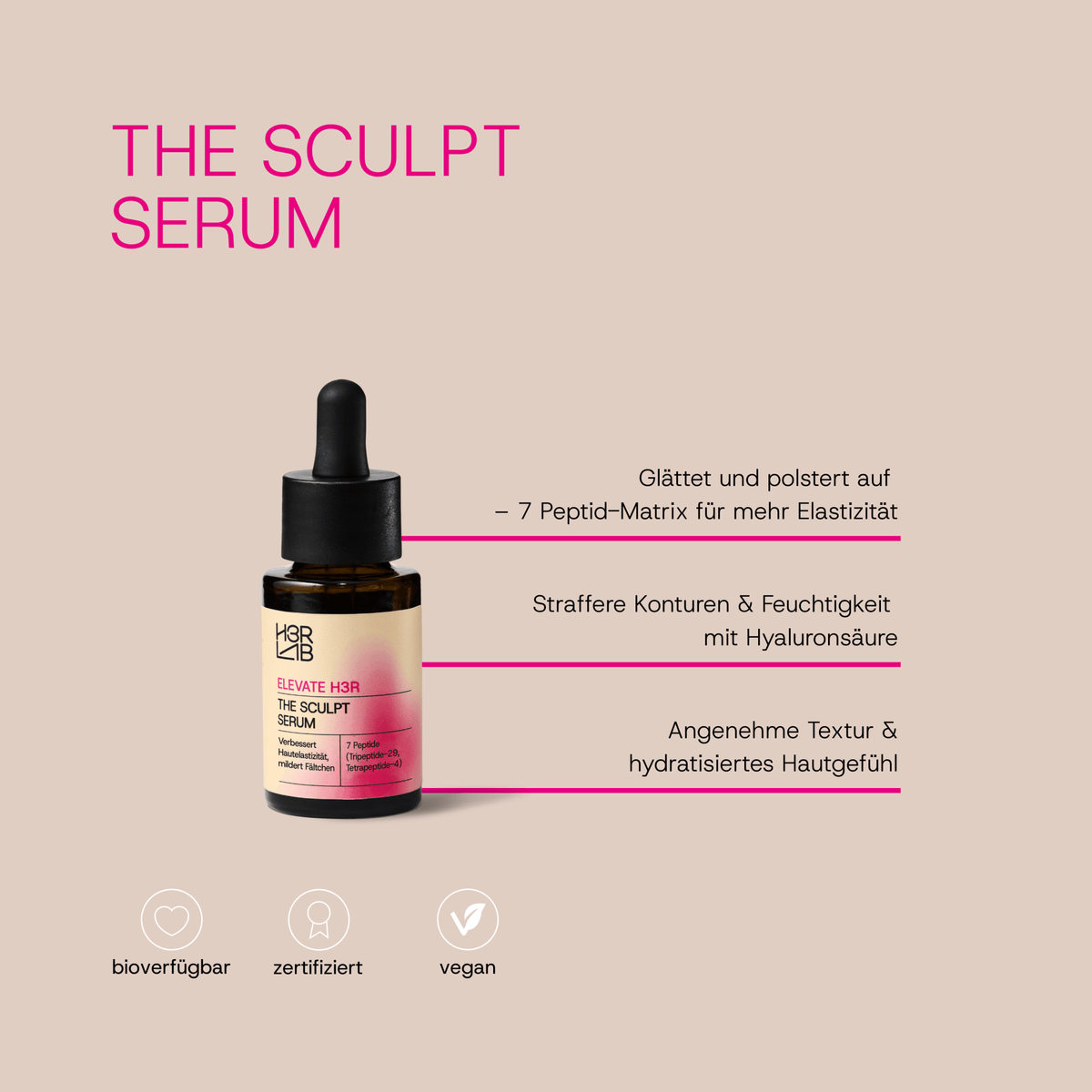H3R LAB The Sculpt Serum mit 7 Peptiden in einer Glasflasche, Nahaufnahme der Verpackung und Applikator