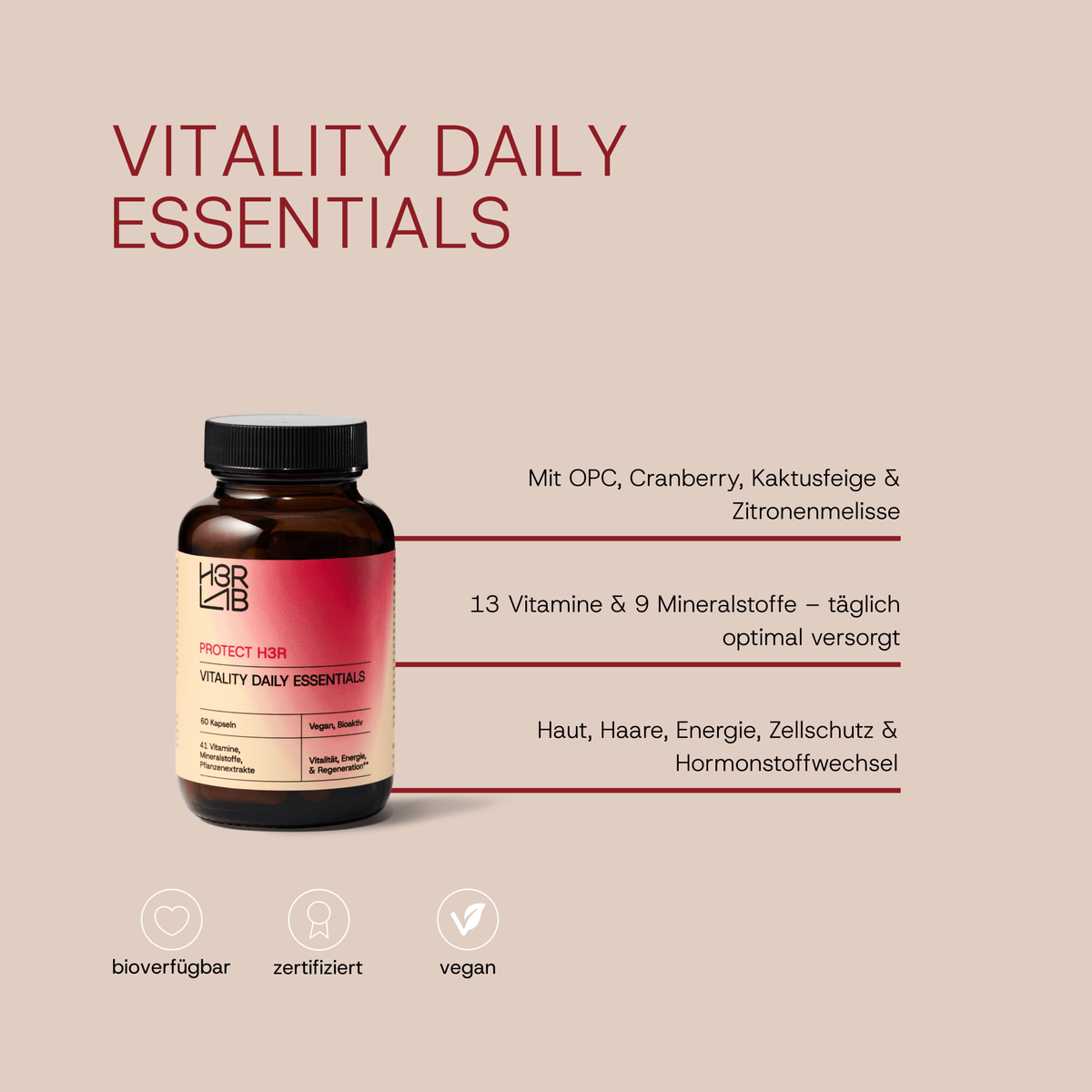 H3R LAB Vitality Daily Essentials mit Vitaminen und Mineralien in einer praktischen Packung, gesundes Nahrungsergänzungsmittel