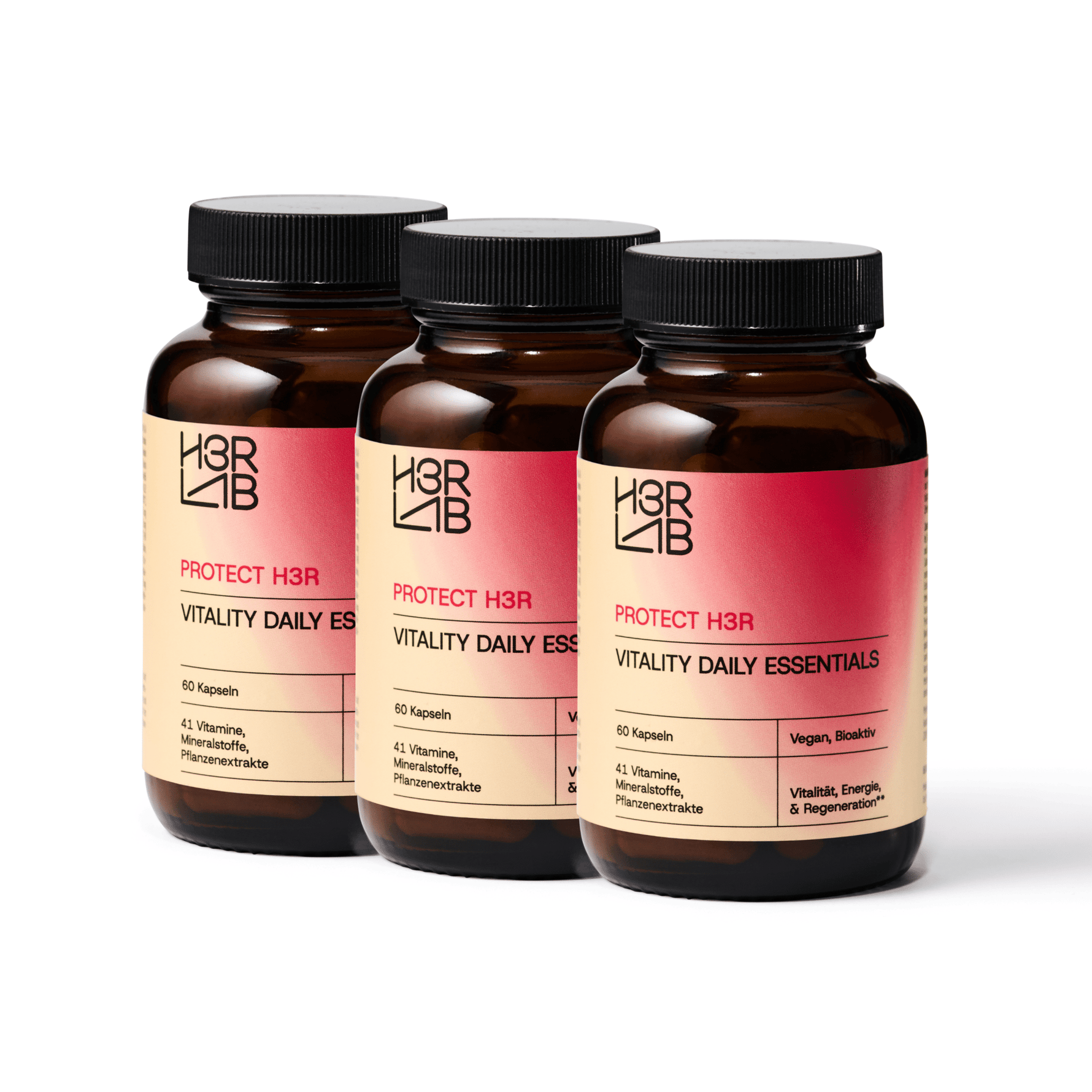 Vitality Daily Essentials von H3R LAB, Nahrungsergänzungsmittel in einer bunten Packung mit verschiedenen Kapseln und Tabletten.