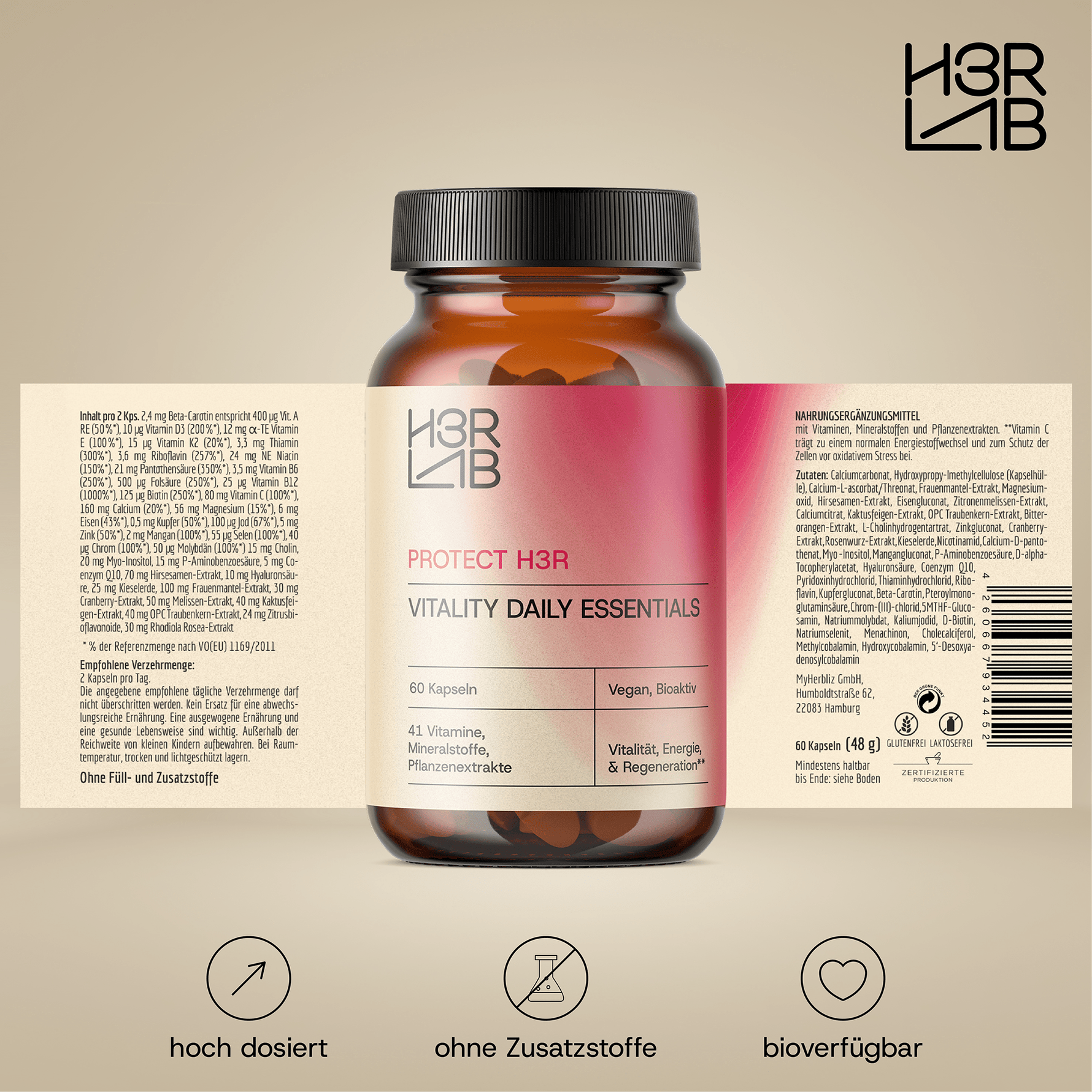 Vitality Daily Essentials von H3R LAB, tägliche Nahrungsergänzung mit Vitaminen und Mineralien, Flasche mit bunten Tabletten.
