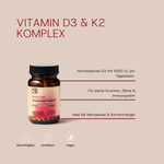 Vitamin D3 & K2 Komplex von H3R LAB in einer Glasflasche mit Tabletten auf weißem Hintergrund