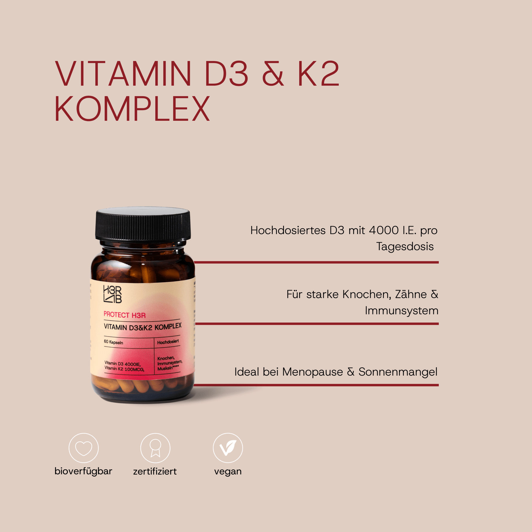 Vitamin D3 & K2 Komplex von H3R LAB in einer Glasflasche mit Tabletten auf weißem Hintergrund