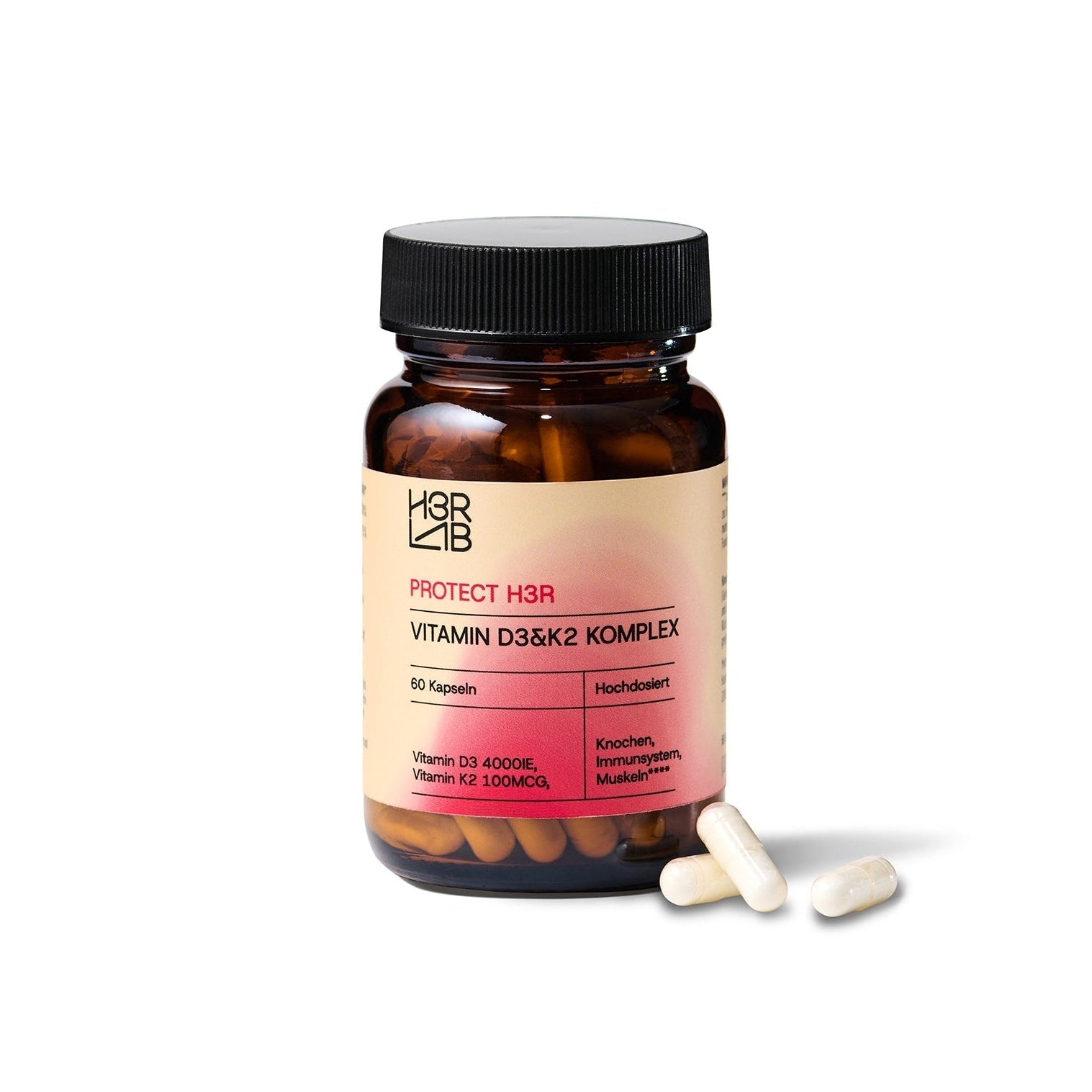 Vitamin D3 & K2 Komplex in 60 Kapseln, H3R LAB, Nahaufnahme der Kapseln in einer Dose, ideal für Knochengesundheit und Immunsystem