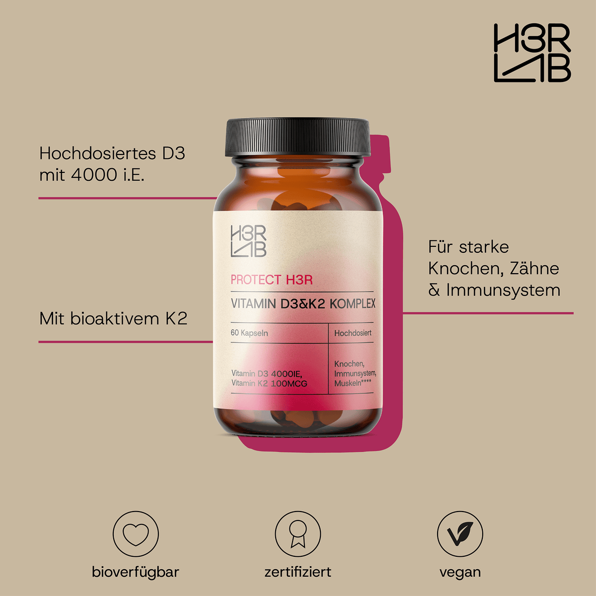 Vitamin D3 & K2 Komplex von H3R LAB in 60 Kapseln, ideal als Geschenk, zeigt die Verpackung mit Kapseln und Produktbeschreibung
