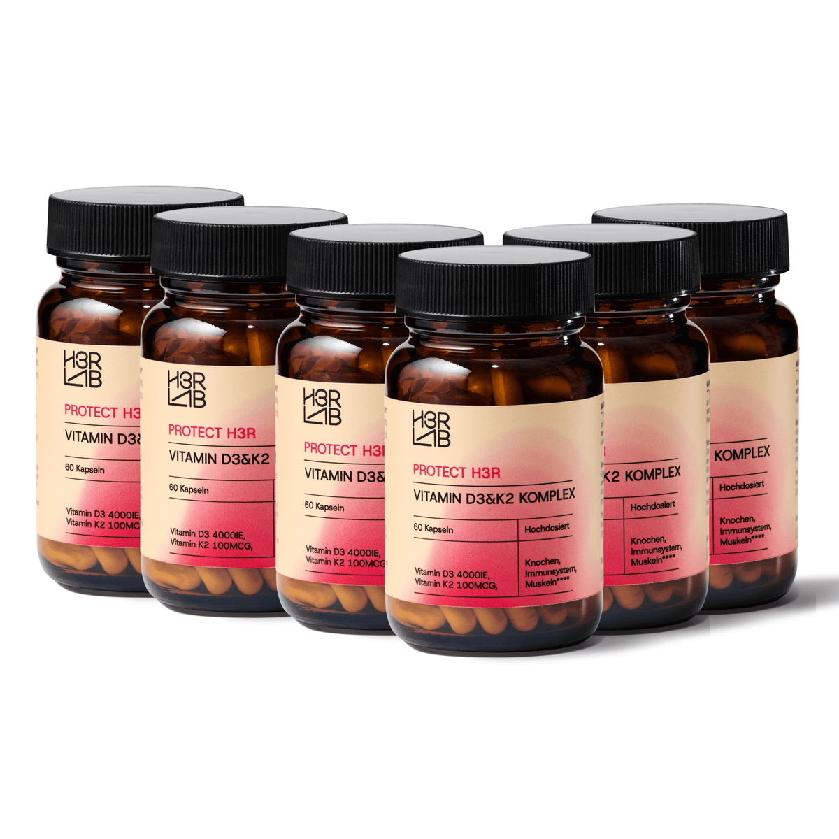 H3R LAB Vitamin D3 & K2 Komplex in Tablettenform, Nahaufnahme der Verpackung mit Produktbeschreibung