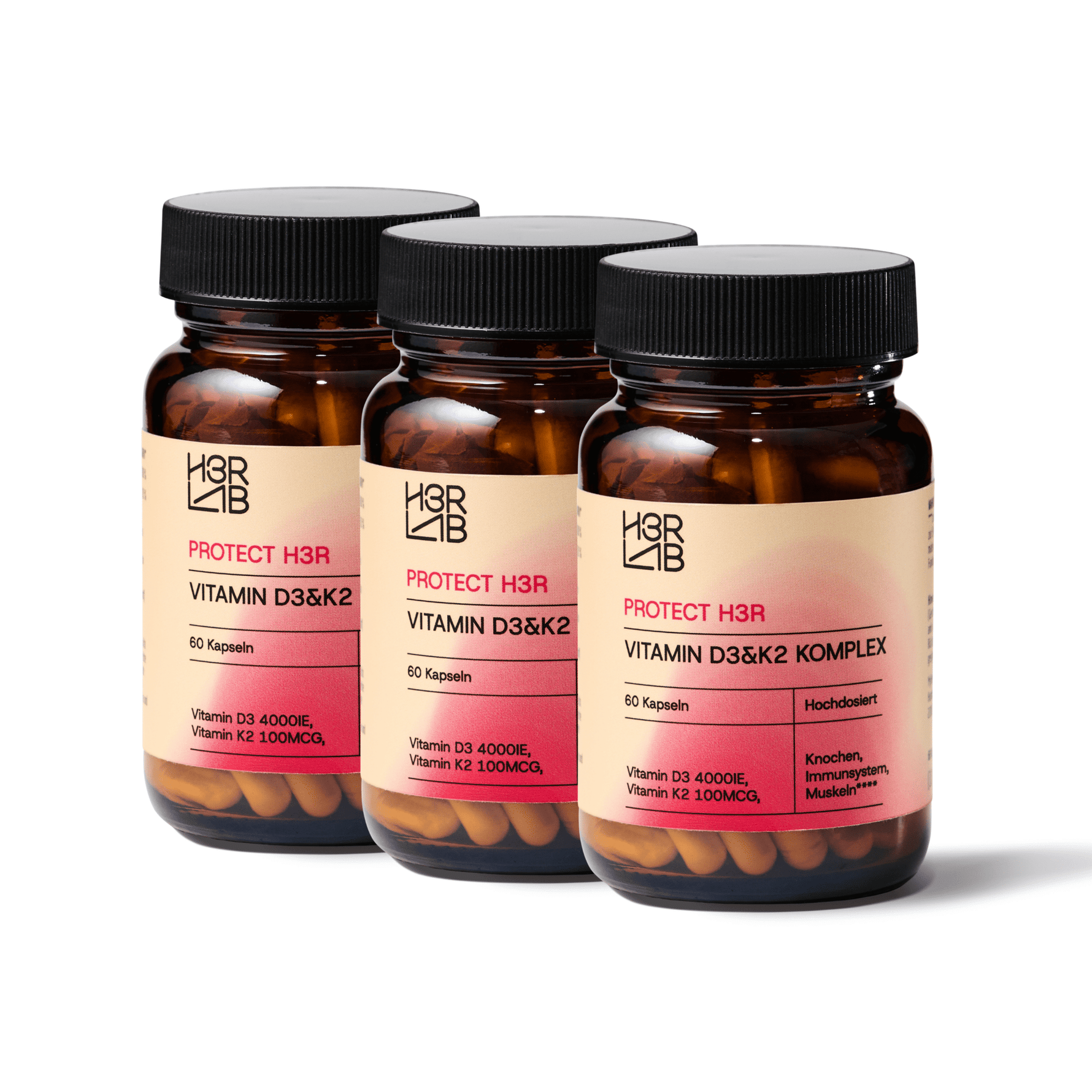 Vitamin D3 und K2 Komplex von H3R LAB in einer braunen Flasche mit Tabletten auf weißem Hintergrund