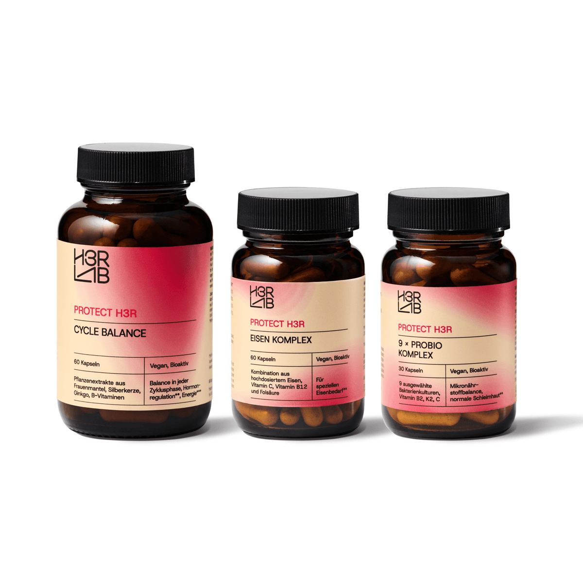 H3RLAB Zyklus- und Darm-Balance Bundle, natürliche Ergänzung zur Unterstützung von Zyklus und Verdauung, abgebildet in der Verpackung